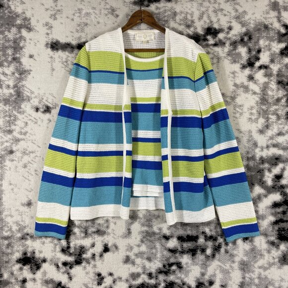 St John Sports Knits Womens Tank Top/Cardigan Set Size S/M Striped Button Up - Picture 1 of 16